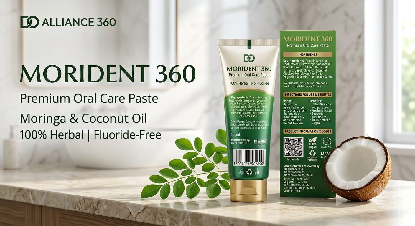 Morident 360 herbal toothpaste with moringa leaves and coconut